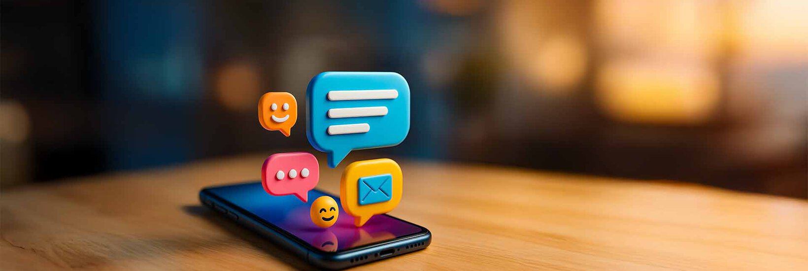 Smartphone liegt auf dem Tisch. Bunte 3D-Emojis schweben heraus. 