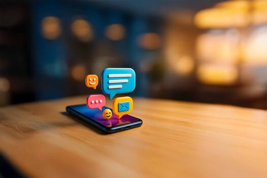 Fahren lernen 2025. Eine App für alles. Smartphone liegt auf dem Tisch. Bunte 3D-Emojis schweben heraus.