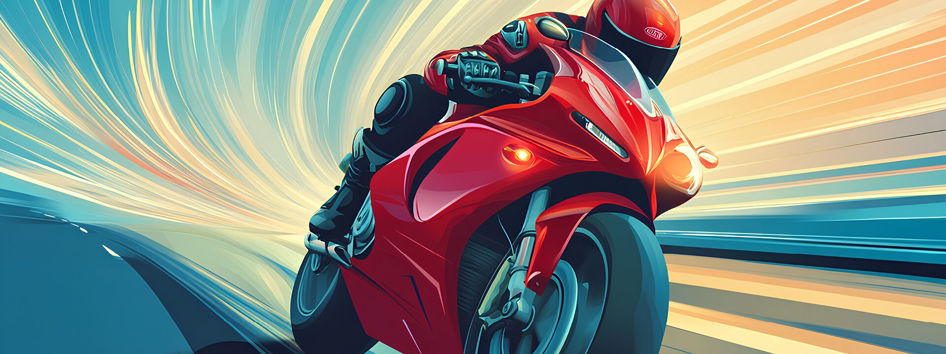 Illustration eines roten Sportmotorrads, das mit hoher Geschwindigkeit über eine Straße fährt, umgeben von dynamischen Licht- und Bewegungseffekten