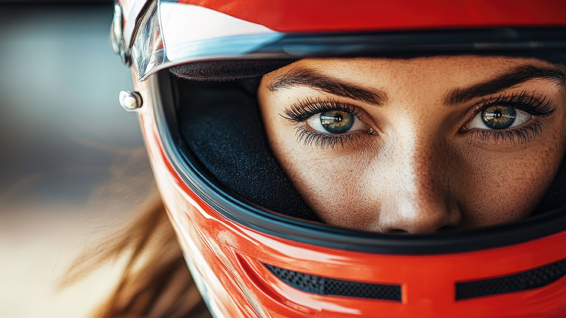 Nahaufnahme einer Frau mit rotem Motorradhelm