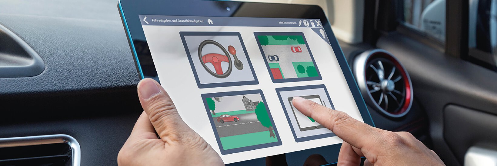 Tablet mit der elektronischen Lernstandsbeurteilung (elBe)  im Fahrschulauto