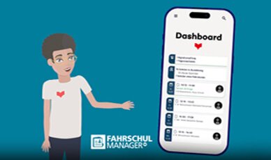 Männchen zeigt auf Smartphone mit Fahrschule Manager Mobile