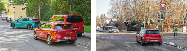 auf dem linken Bild fährt blaues Auto vor rotem aus seinem Parkplatz raus und auf dem rechten steht das grünen Auto an einer Ampel 