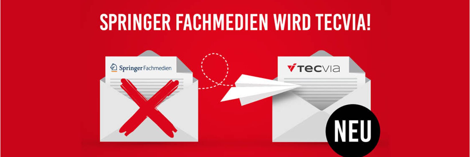 durchgestrichenes Springerfachmedien Logo neben neuem TecVia Logo auf rotem Hintergrund