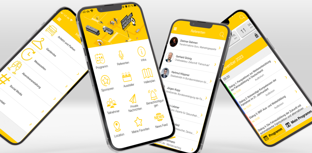 Handys mit Fahrlehrerkongress App auf gelben Hintergrund