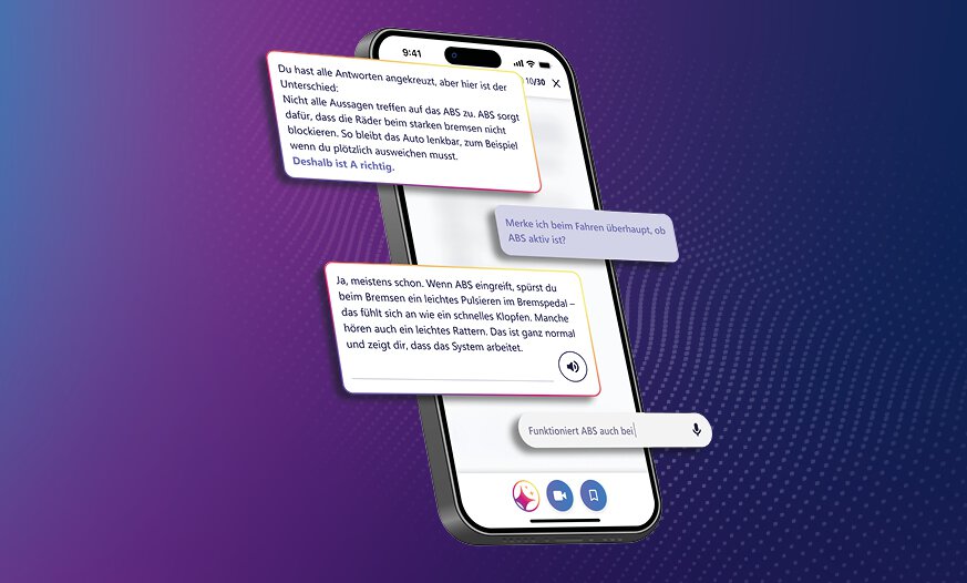 Fahren Lernen Max Premium KI Chat Bot Smartphone vor lila Hintergrund mit einem KI-Chat Verlauf der durch Sprechblasen dargestellt wird
