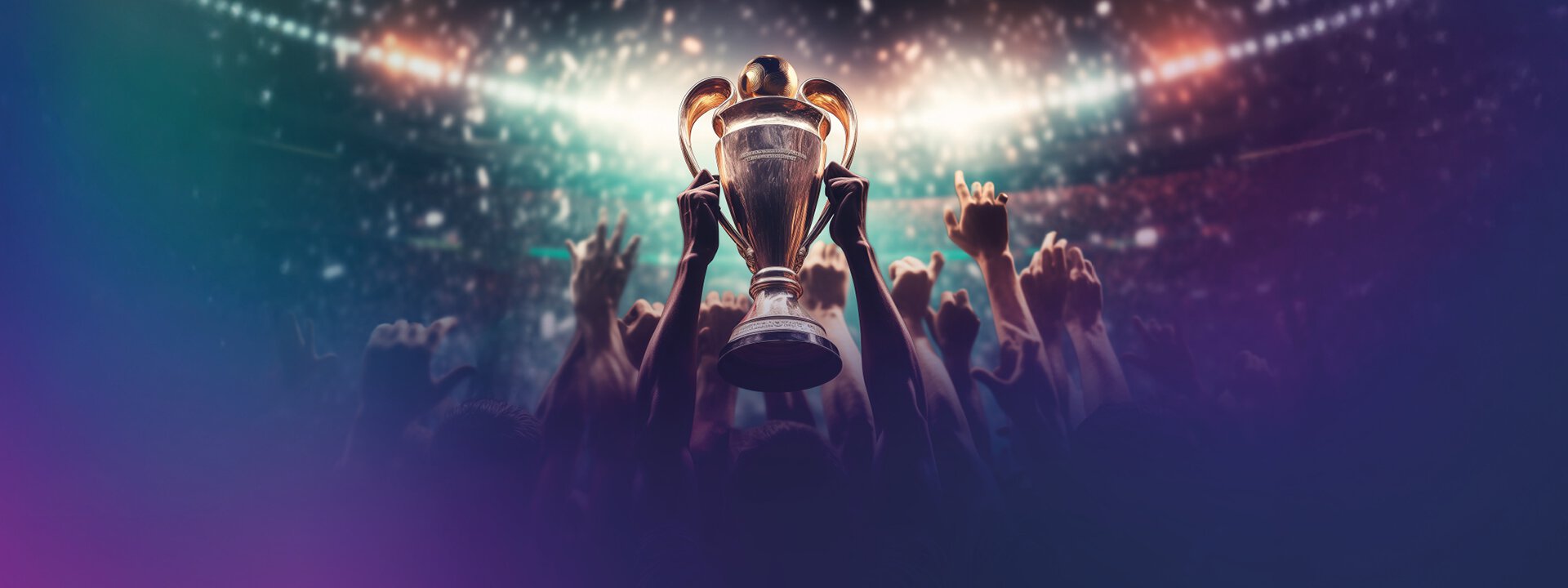 Pokal, wird in einer Traube an Menschen hochgehalten