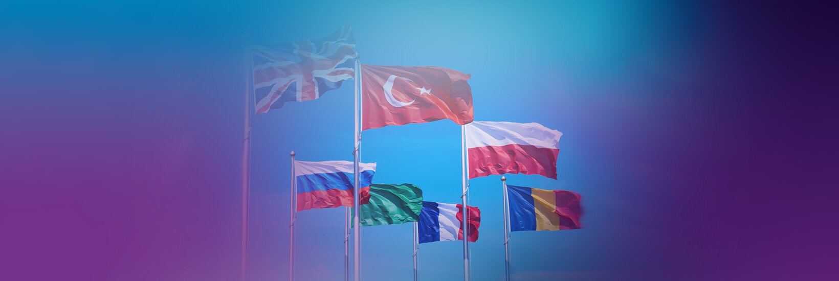Flaggen europäischer Länder auf blau lila Grund