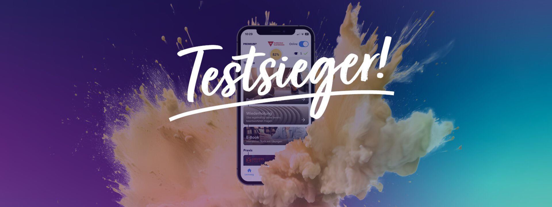 Gelber Splash auf blau-lila Hintergrund mit Schrift "Testsieger"
