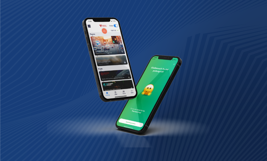 Zwei Smartphones zeigen Fahren Lernen Max Startseite und Fahren Lernen Max Feedbackscreen