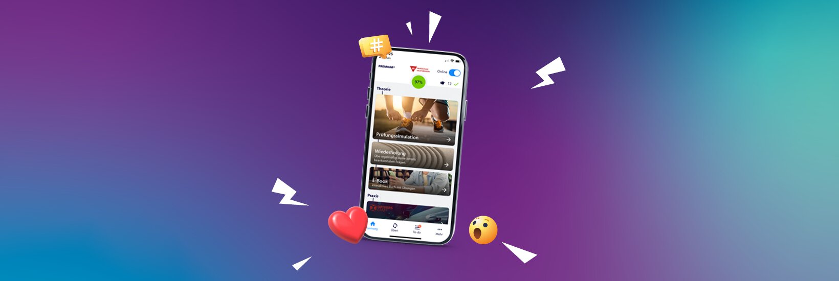 Smartphone mit Fahren Lernen Max Premium vor lila-blauem Verlauf und Emojis