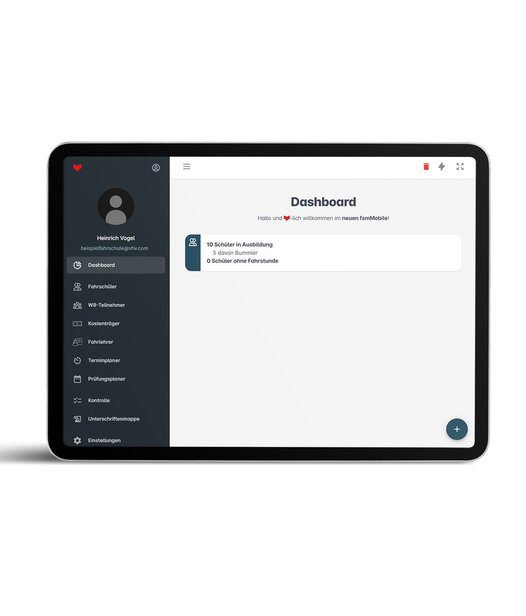 Fahrschul-Manager mobil Dashboard auf Tablet