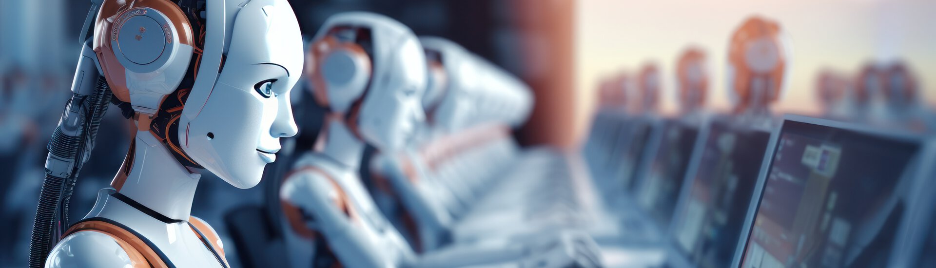 Roboter arbeiten an Laptops