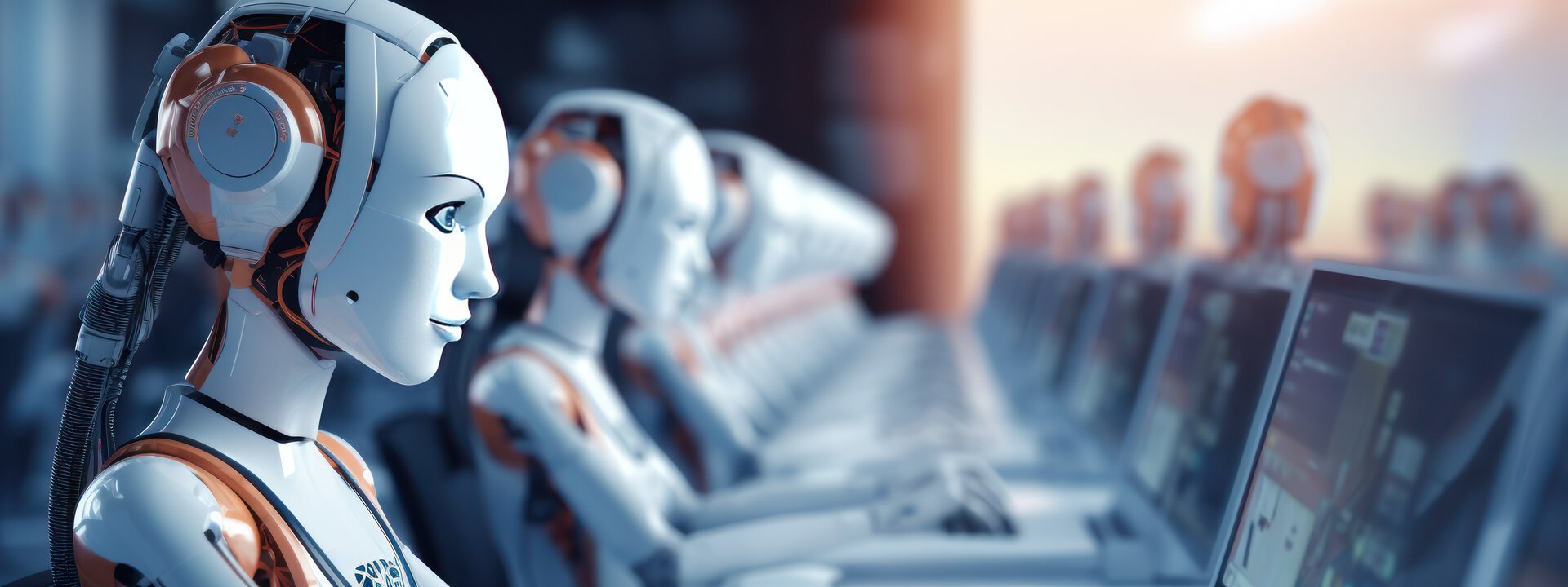 Roboter arbeiten an Laptops