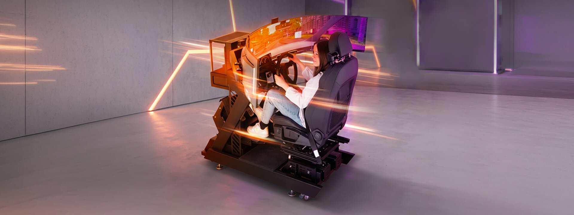 Futuristische Fotografie des Vogel Simulators Neo in einem Raum mit Neonlichtern