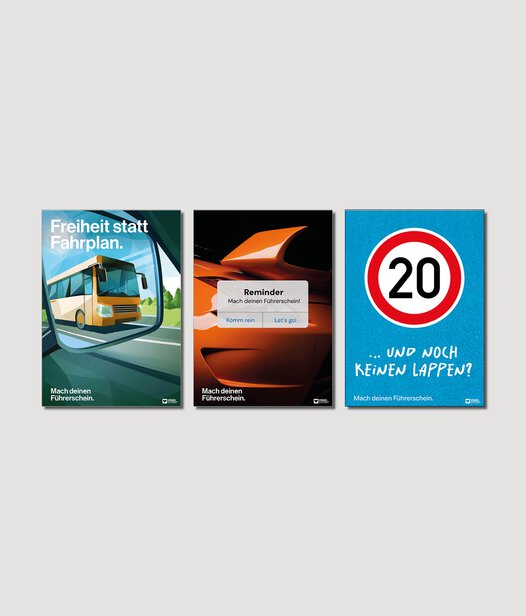 Drei dekorative bunte Poster zu verschiedenen Führerscheinthemen