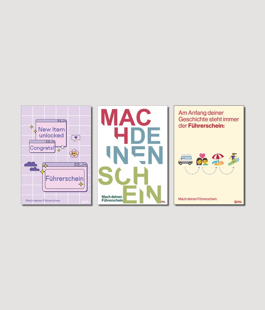 Drei dekorative bunte Poster zu verschiedenen Führerscheinthemen
