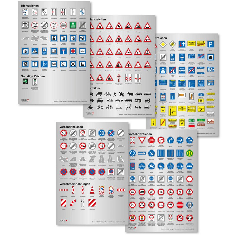 Fünf Poster mit wichtigen Verkehrszeichen