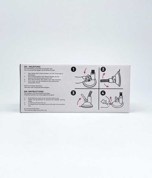 Verpackung Fahrschulinnenspiegel mit Saugnapf Foto der Verpackung des Fahrschulinnenspiegels mit drauf gedruckter Montageanleitung