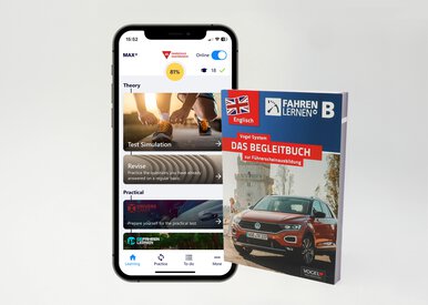 Führerschein Lernset bestehend aus der Fahren Lernen Max App und dem Begleitbuch auf Englisch