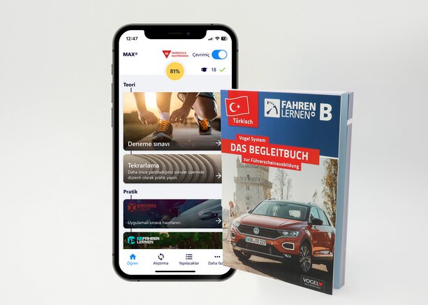 Führerschein Lernset bestehend aus der Fahren Lernen Max App und dem Begleitbuch auf Türkisch